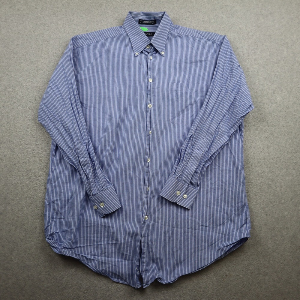 Nautica Button Down Shirt Mens 16 32/33 Blue White Striped Long Sleeve Cotton